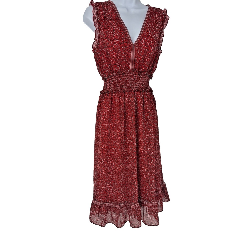 Max Studio Floral Midi Dress Medium Red Ruffle empire waist cottagecore festival